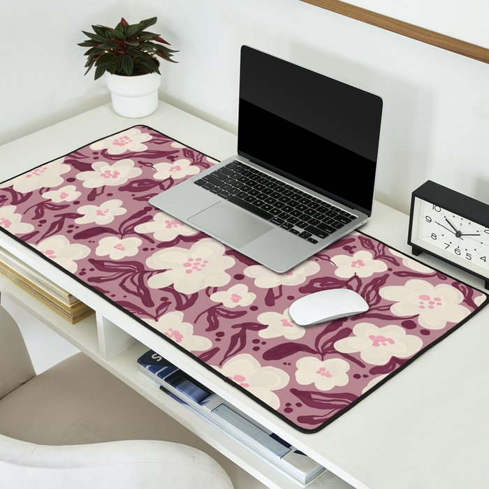 Cream Burgundy Floral Pattern Desk Mat Gallery Image 2