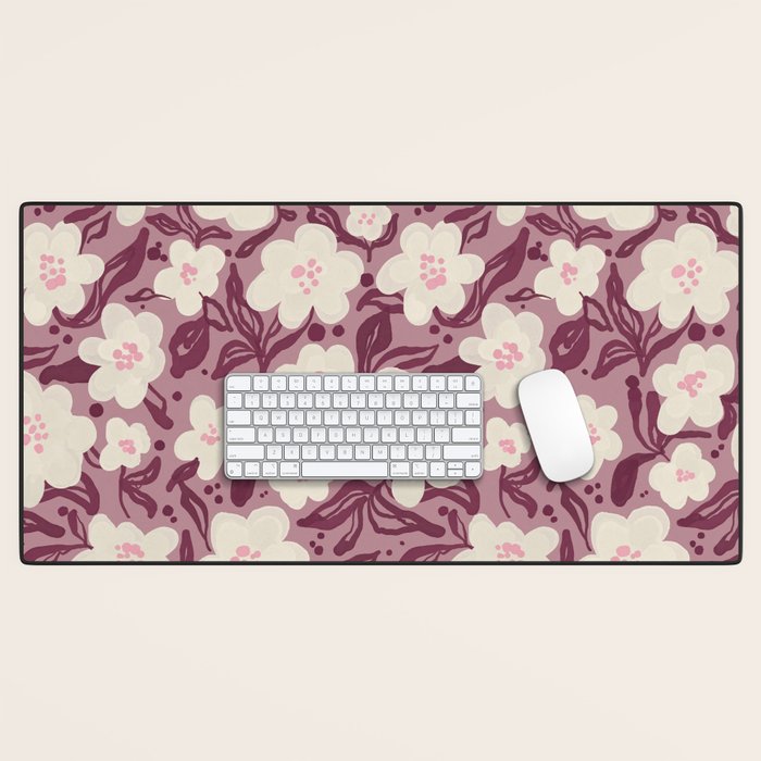 Cream Burgundy Floral Pattern Desk Mat Gallery Image 1