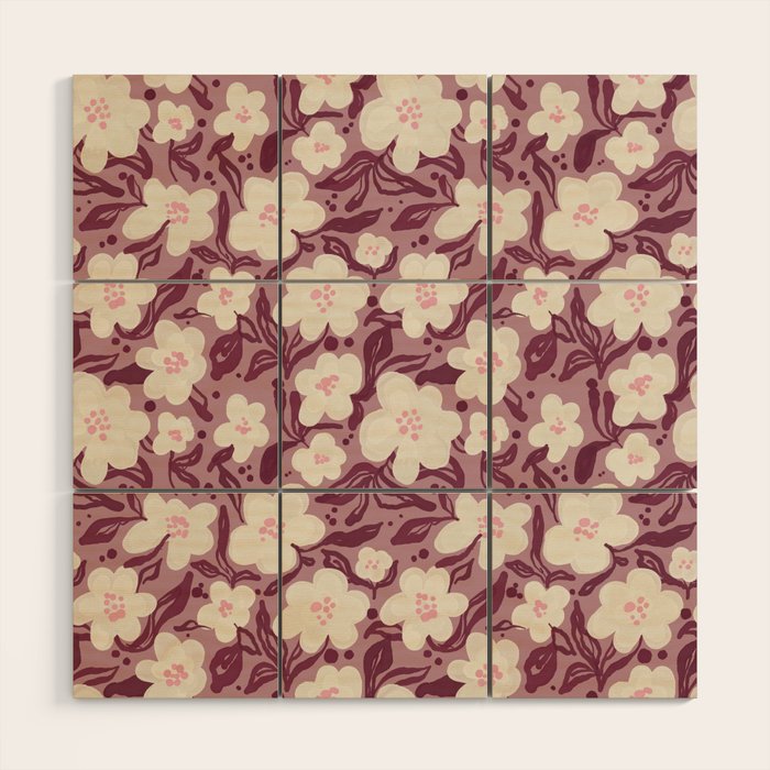 Cream Burgundy Floral Pattern Wood Wall Art Gallery Image 1