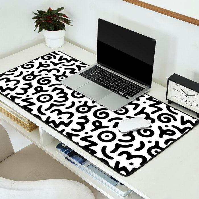 Fun black and white doodle symbol art pattern Desk Mat Gallery Image 2