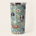 Cows and Flowers on Country Blue, Yellow Flowers, Cow Floral, Pink Flowers Travel Mug Gallery Image 1