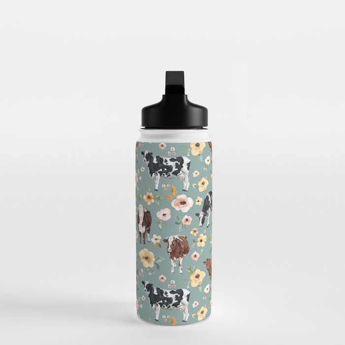 Cows and Flowers on Country Blue, Yellow Flowers, Cow Floral, Pink Flowers Water Bottle Gallery Image 3