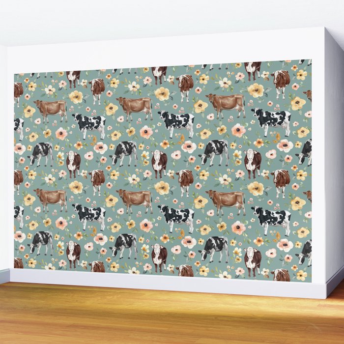 Cows and Flowers on Country Blue, Yellow Flowers, Cow Floral, Pink Flowers Wall Mural Gallery Image 2