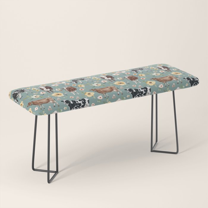 Cows and Flowers on Country Blue, Yellow Flowers, Cow Floral, Pink Flowers Bench Gallery Image 1