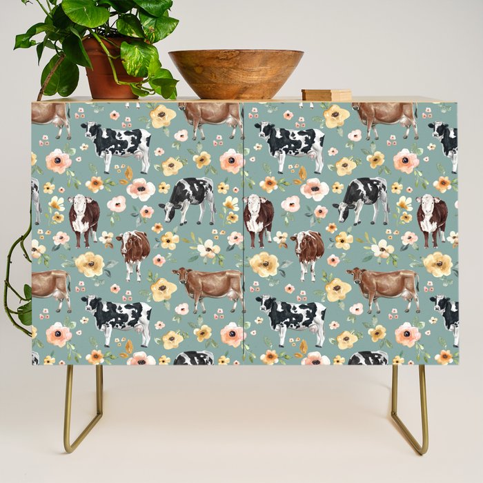 Cows and Flowers on Country Blue, Yellow Flowers, Cow Floral, Pink Flowers Credenza Gallery Image 1