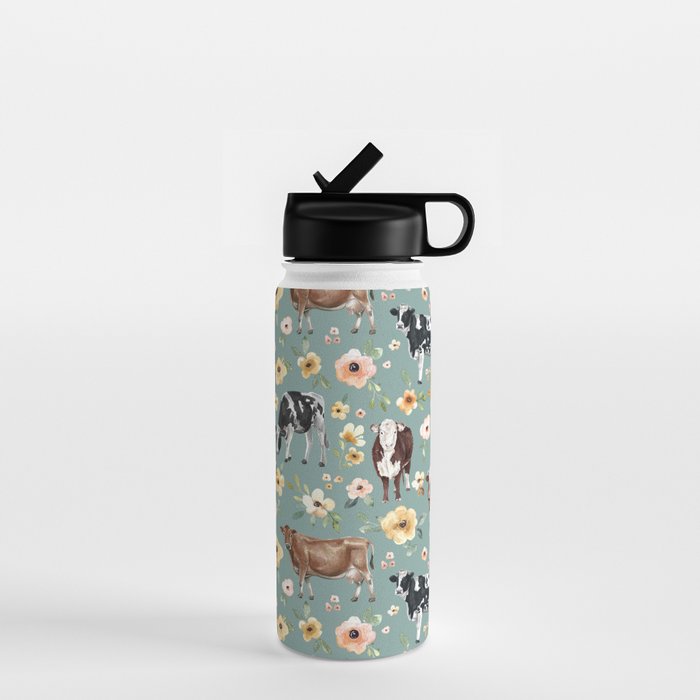 Cows and Flowers on Country Blue, Yellow Flowers, Cow Floral, Pink Flowers Water Bottle Gallery Image 1