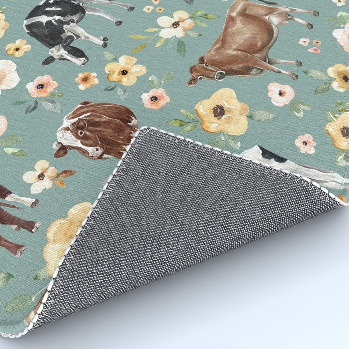 Cows and Flowers on Country Blue, Yellow Flowers, Cow Floral, Pink Flowers Rug Gallery Image 4