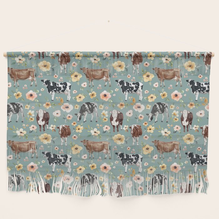 Cows and Flowers on Country Blue, Yellow Flowers, Cow Floral, Pink Flowers Wall Hanging Gallery Image 1