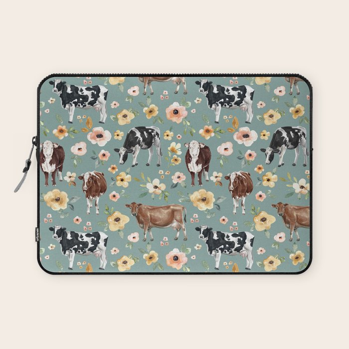 Cows and Flowers on Country Blue, Yellow Flowers, Cow Floral, Pink Flowers Laptop Sleeve Gallery Image 1