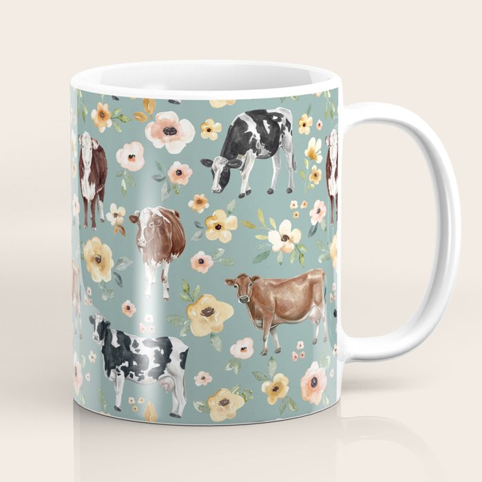 Cows and Flowers on Country Blue, Yellow Flowers, Cow Floral, Pink Flowers Coffee Mug Gallery Image 1