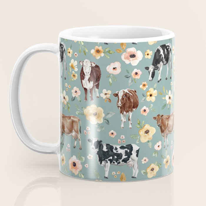 Cows and Flowers on Country Blue, Yellow Flowers, Cow Floral, Pink Flowers Coffee Mug Gallery Image 3