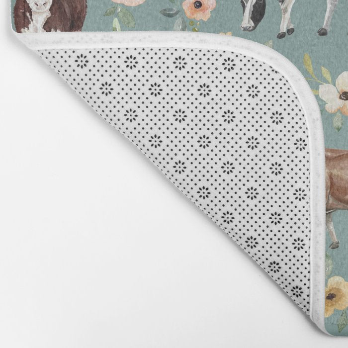 Cows and Flowers on Country Blue, Yellow Flowers, Cow Floral, Pink Flowers Bath Mat Gallery Image 2
