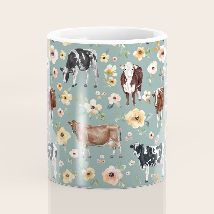 Cows and Flowers on Country Blue, Yellow Flowers, Cow Floral, Pink Flowers Coffee Mug Gallery Image 4