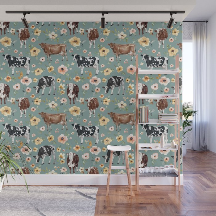 Cows and Flowers on Country Blue, Yellow Flowers, Cow Floral, Pink Flowers Wall Mural Gallery Image 1