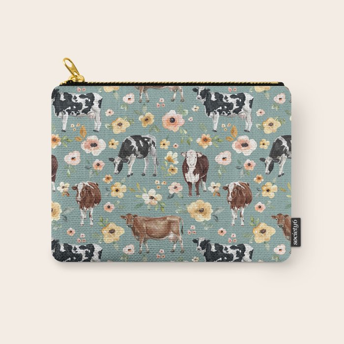 Cows and Flowers on Country Blue, Yellow Flowers, Cow Floral, Pink Flowers Carry All Pouch Gallery Image 1