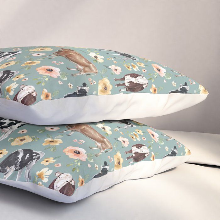 Cows and Flowers on Country Blue, Yellow Flowers, Cow Floral, Pink Flowers Pillow Sham Gallery Image 3