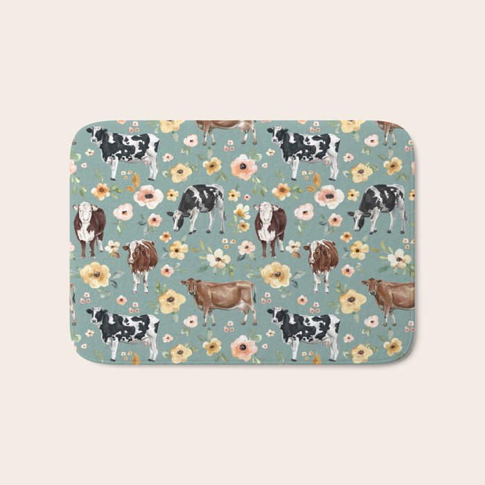 Cows and Flowers on Country Blue, Yellow Flowers, Cow Floral, Pink Flowers Bath Mat