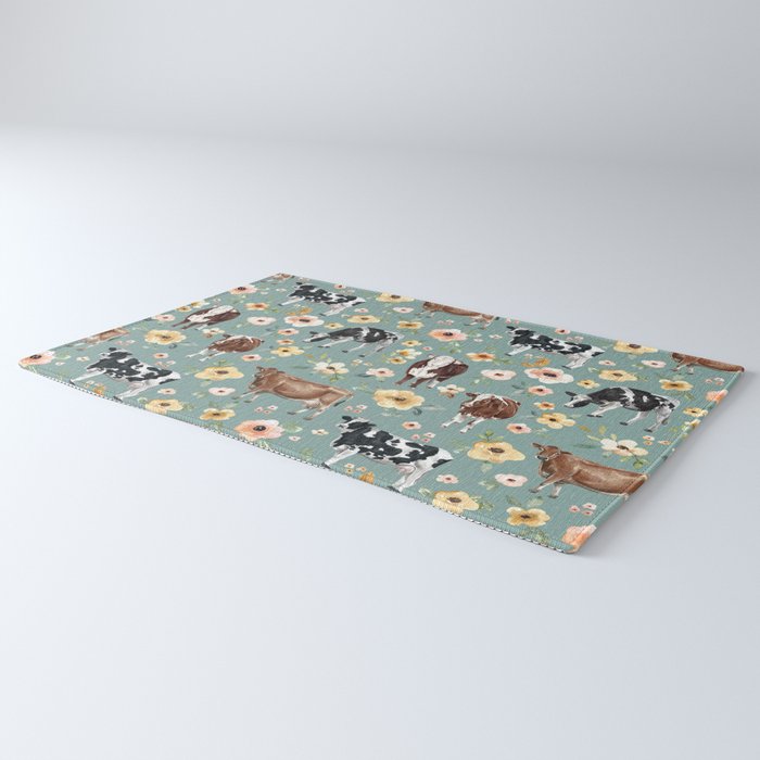 Cows and Flowers on Country Blue, Yellow Flowers, Cow Floral, Pink Flowers Rug Gallery Image 3