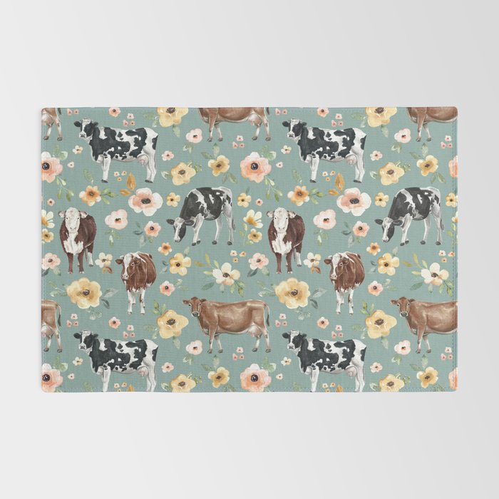 Cows and Flowers on Country Blue, Yellow Flowers, Cow Floral, Pink Flowers Rug Gallery Image 2