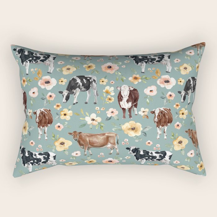 Cows and Flowers on Country Blue, Yellow Flowers, Cow Floral, Pink Flowers Rectangular Pillow Gallery Image 2