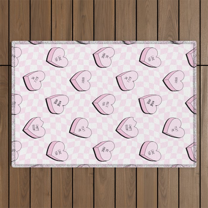 Pink love heart candy checkered pattern Outdoor Rug Gallery Image 1