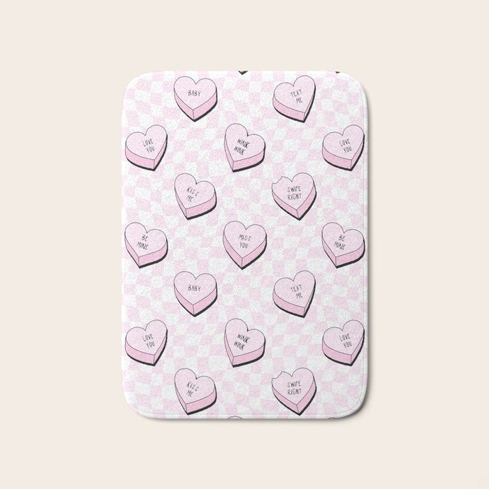 Pink love heart candy checkered pattern Bath Mat Gallery Image 1