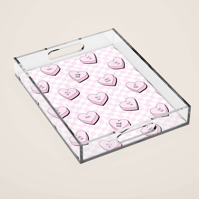 Pink love heart candy checkered pattern Acrylic Tray Gallery Image 1