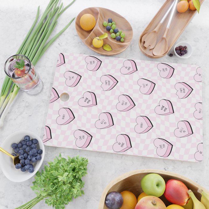 Pink love heart candy checkered pattern Cutting Board Gallery Image 2