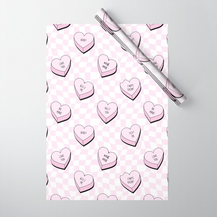 Pink love heart candy checkered pattern Wrapping Paper Gallery Image 1