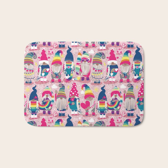 I gnome you // pastel pink background little happy and lovely gnomes with rainbows fuchsia pink hearts Bath Mat Gallery Image 1