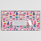 I gnome you // pastel pink background little happy and lovely gnomes with rainbows fuchsia pink hearts Desk Mat Gallery Image 1