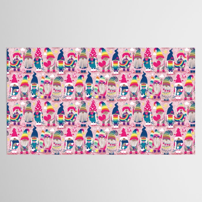 I gnome you // pastel pink background little happy and lovely gnomes with rainbows fuchsia pink hearts Tablecloth Gallery Image 2
