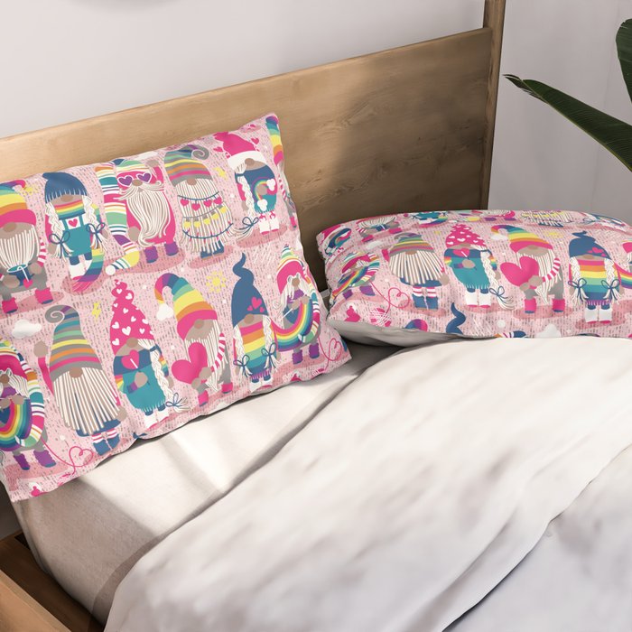 I gnome you // pastel pink background little happy and lovely gnomes with rainbows fuchsia pink hearts Pillow Sham Gallery Image 2