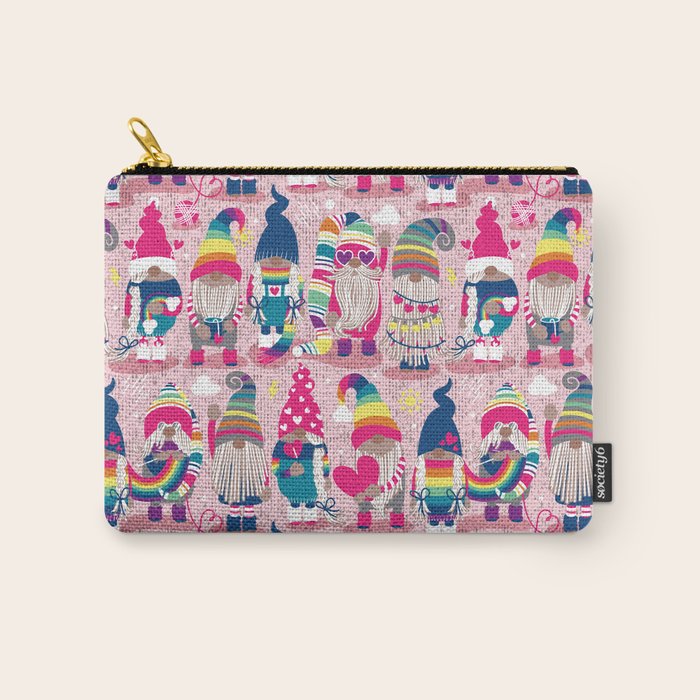 I gnome you // pastel pink background little happy and lovely gnomes with rainbows fuchsia pink hearts Carry All Pouch Gallery Image 1