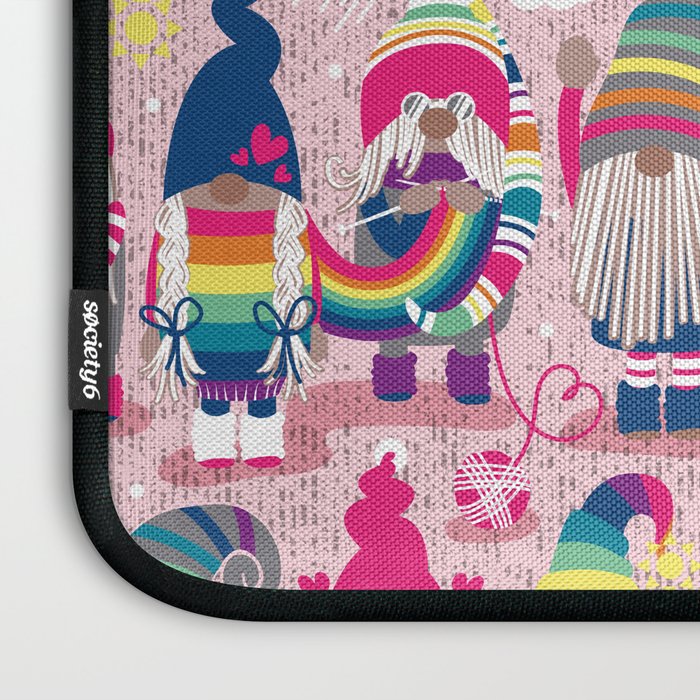 I gnome you // pastel pink background little happy and lovely gnomes with rainbows fuchsia pink hearts Laptop Sleeve Gallery Image 3