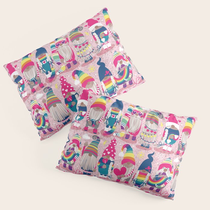 I gnome you // pastel pink background little happy and lovely gnomes with rainbows fuchsia pink hearts Pillow Sham Gallery Image 1