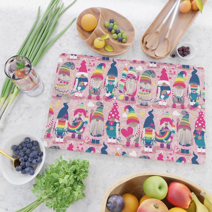 I gnome you // pastel pink background little happy and lovely gnomes with rainbows fuchsia pink hearts Cutting Board Gallery Image 2