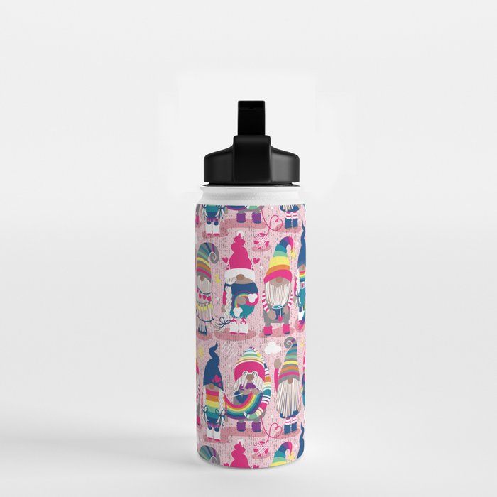 I gnome you // pastel pink background little happy and lovely gnomes with rainbows fuchsia pink hearts Water Bottle Gallery Image 2