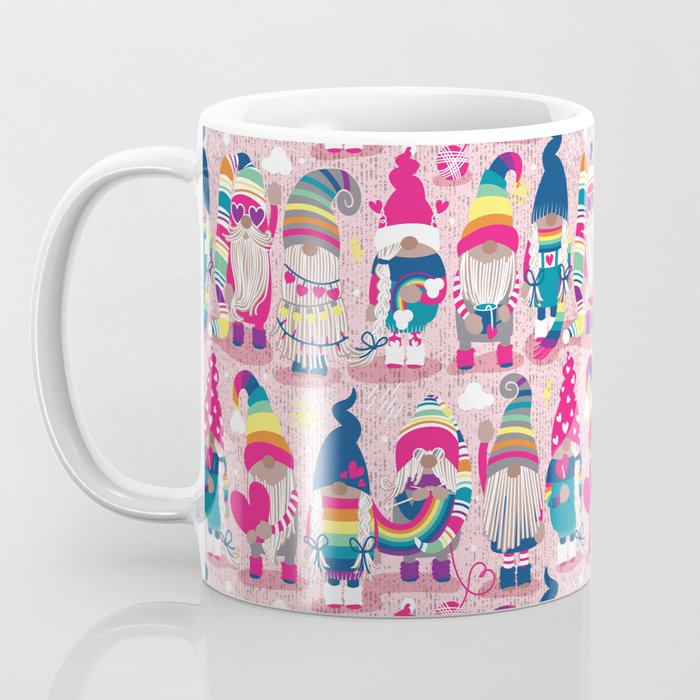I gnome you // pastel pink background little happy and lovely gnomes with rainbows fuchsia pink hearts Coffee Mug Gallery Image 3