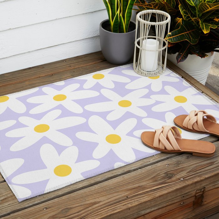 Floral Daisy Time Pattern in Lavender Pastel Purple Outdoor Rug Gallery Image 2
