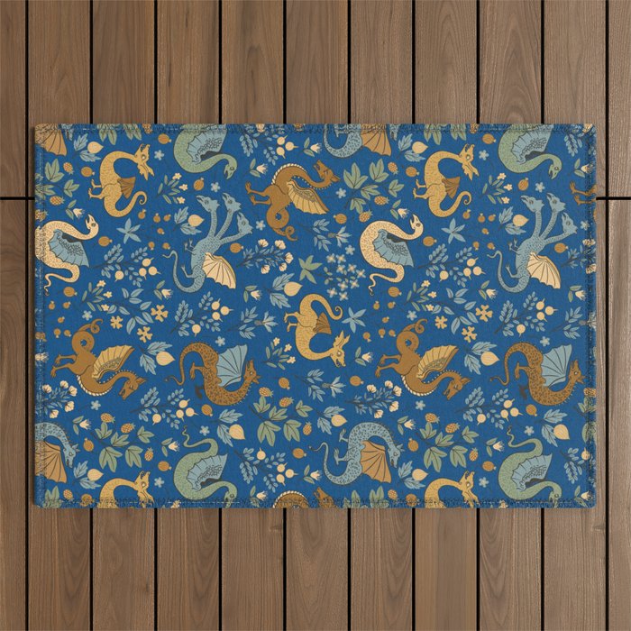 Dragons and Flowers on Classic Blue Outdoor Rug Gallery Image 1