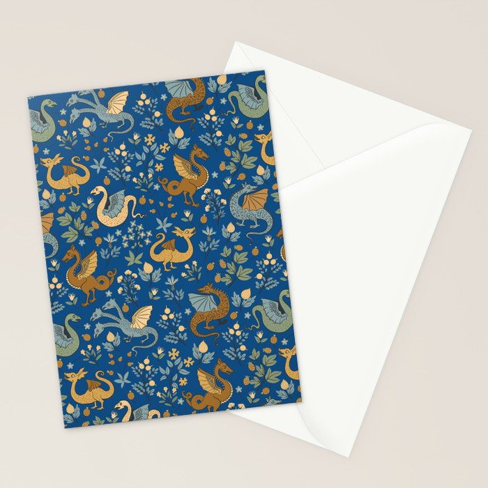 Dragons and Flowers on Classic Blue Stationery Card Gallery Image 2