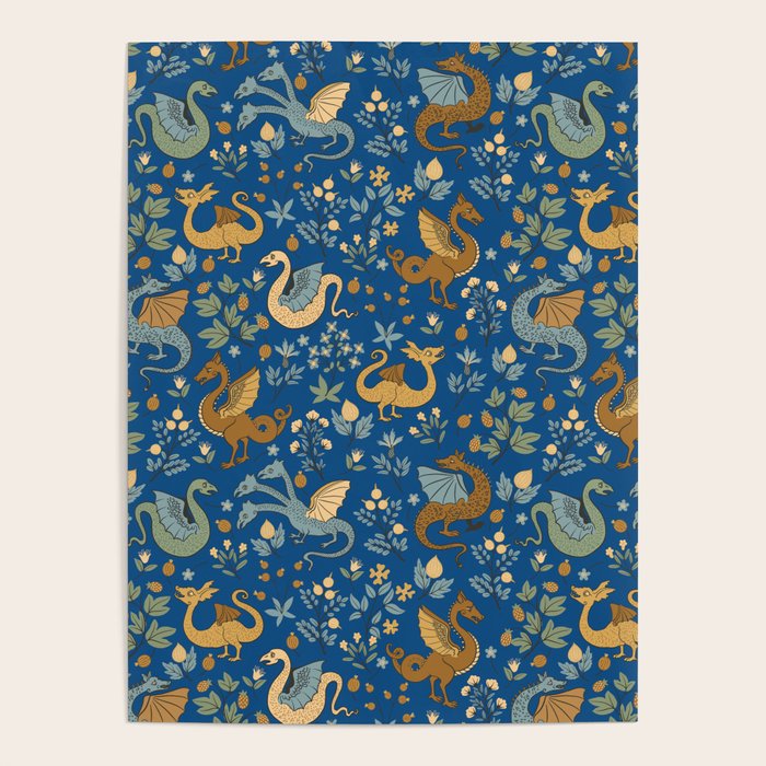 Dragons and Flowers on Classic Blue Poster Gallery Image 1