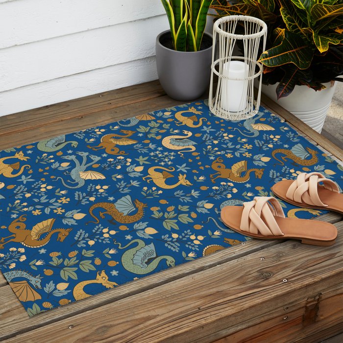 Dragons and Flowers on Classic Blue Outdoor Rug Gallery Image 2