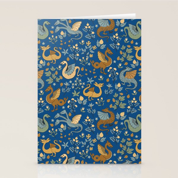 Dragons and Flowers on Classic Blue Stationery Card Gallery Image 1