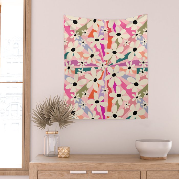 Retro Psychedelic Daisy Flower - Rainbow Color Wall Tapestry Gallery Image 2