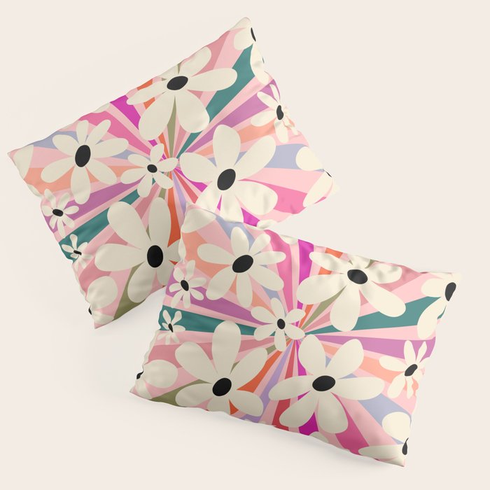 Retro Psychedelic Daisy Flower - Rainbow Color Pillow Sham Gallery Image 1