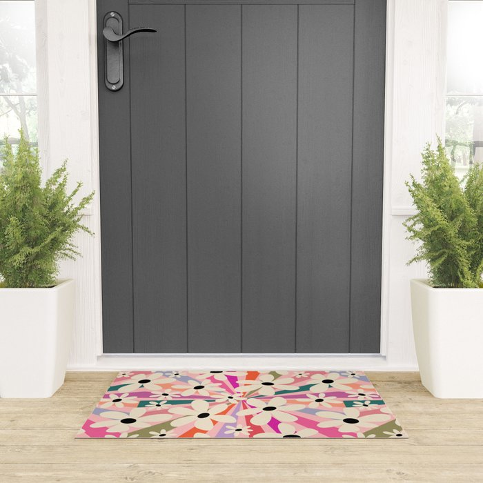 Retro Psychedelic Daisy Flower - Rainbow Color Welcome Mat Gallery Image 3