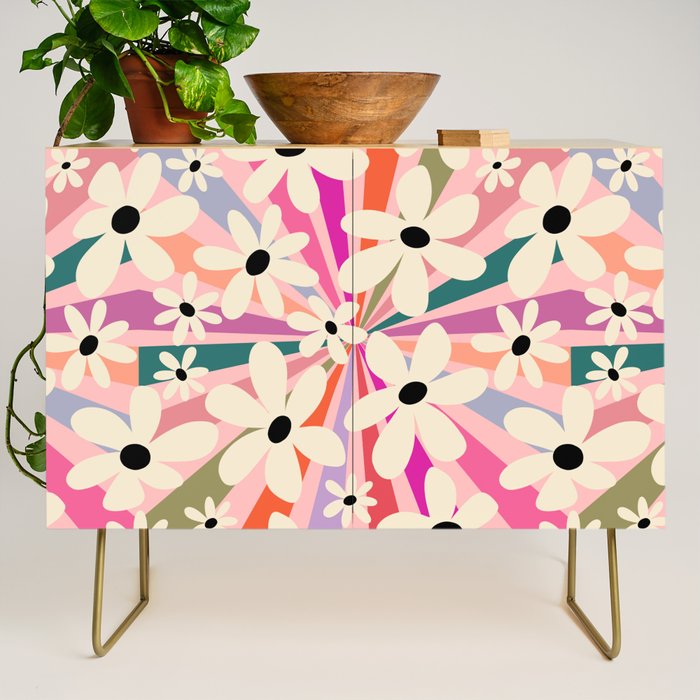 Retro Psychedelic Daisy Flower - Rainbow Color Credenza Gallery Image 1
