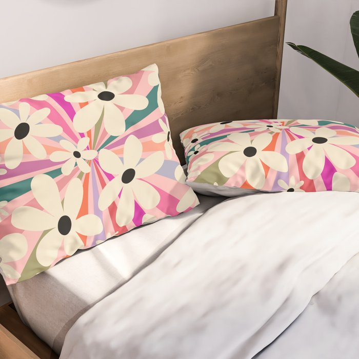 Retro Psychedelic Daisy Flower - Rainbow Color Pillow Sham Gallery Image 2
